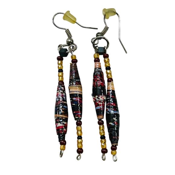 Paper and Seed Bead Earrings Fishhook Pierced 2.5" Drop Dangle - Picture 4 of 5